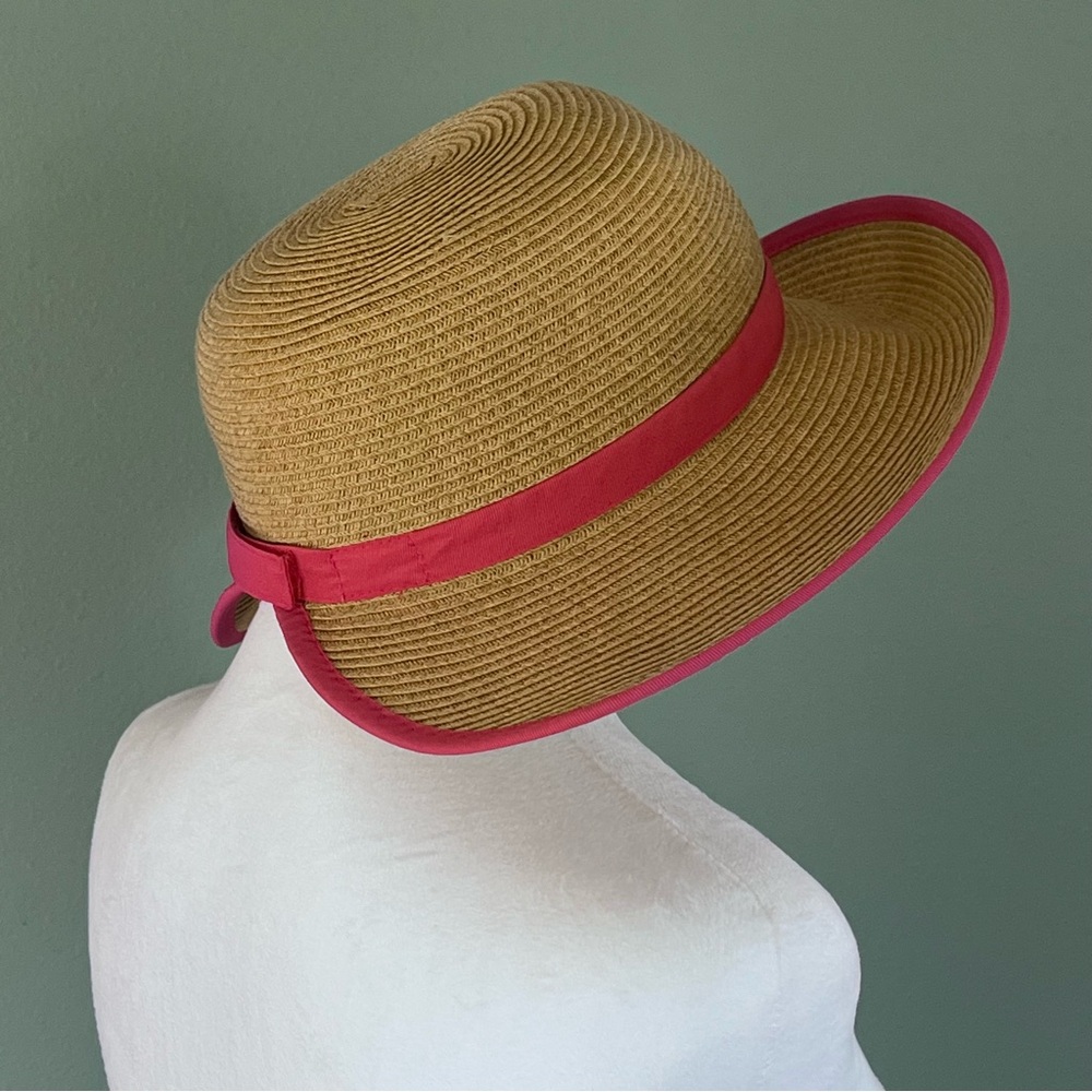 Scala Straw Panama Sun Hat Wide Brim Pink Trim